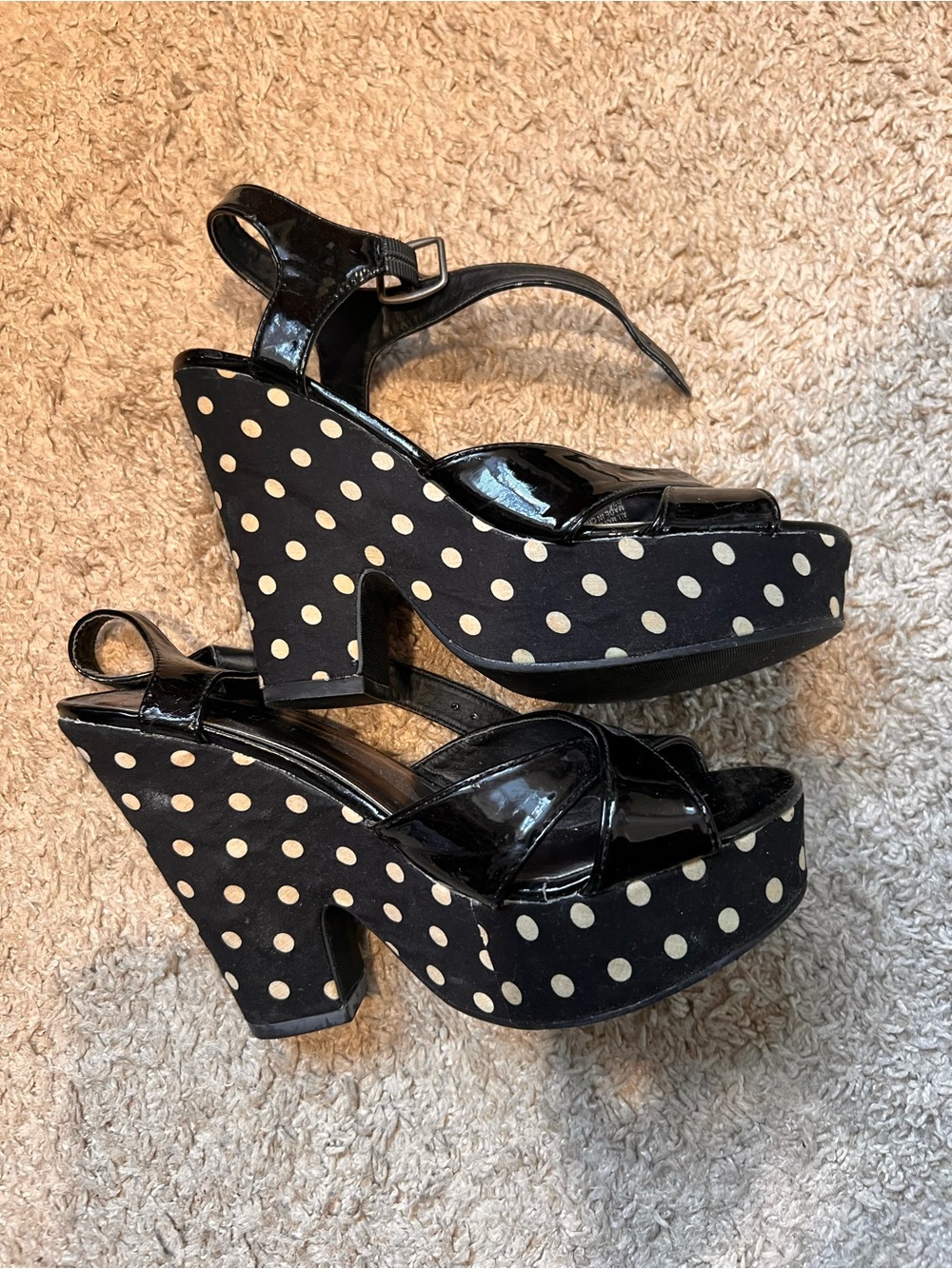 Madden Girl Black Patent & Cream Polka Dot Platform Wedges